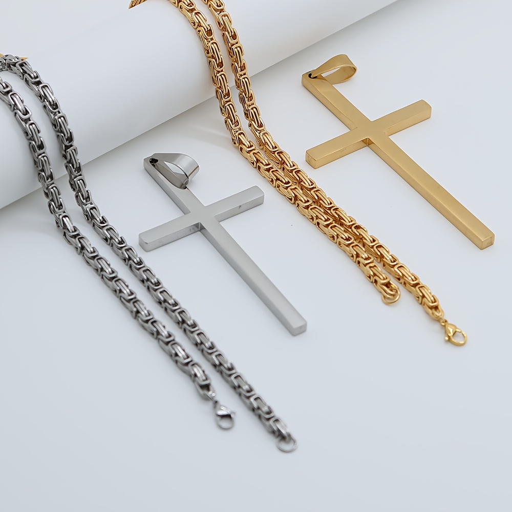 Men's Large Stainless Steel Cross Pendant Necklace, 2pcs Set